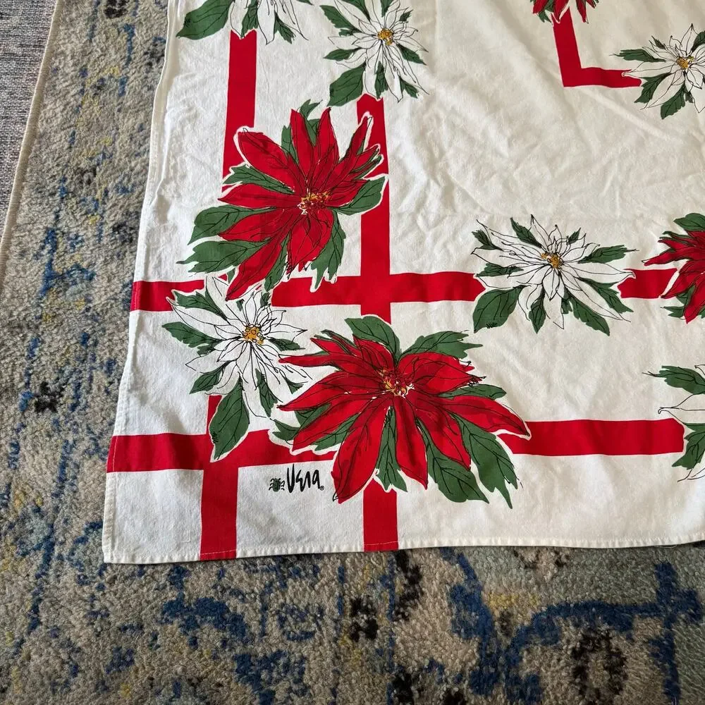 Vintage Vera Neumann Small Christmas Tablecloth Poinsettias 48x53